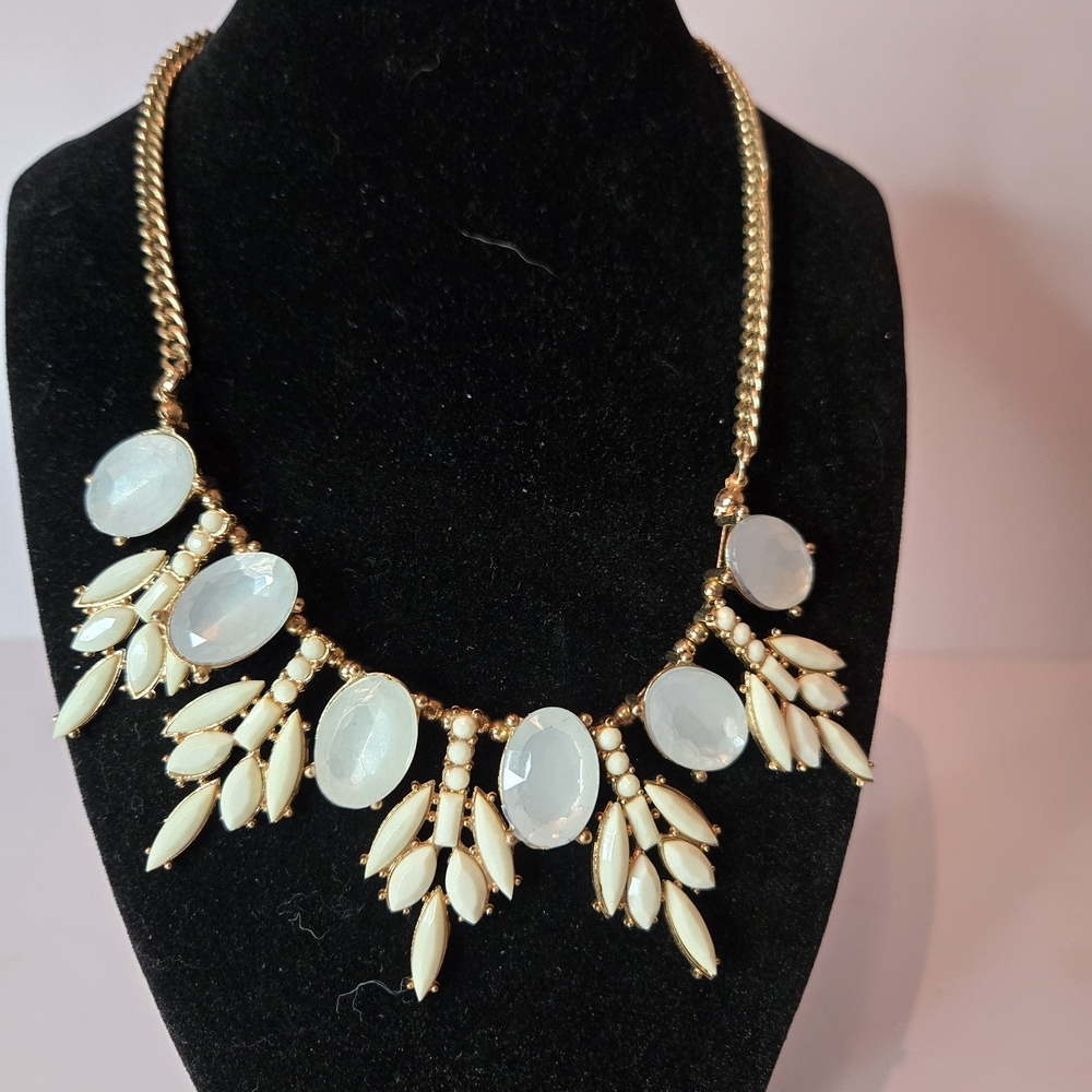 Gold-Tone Statement Necklace with White Opalescent Stones
